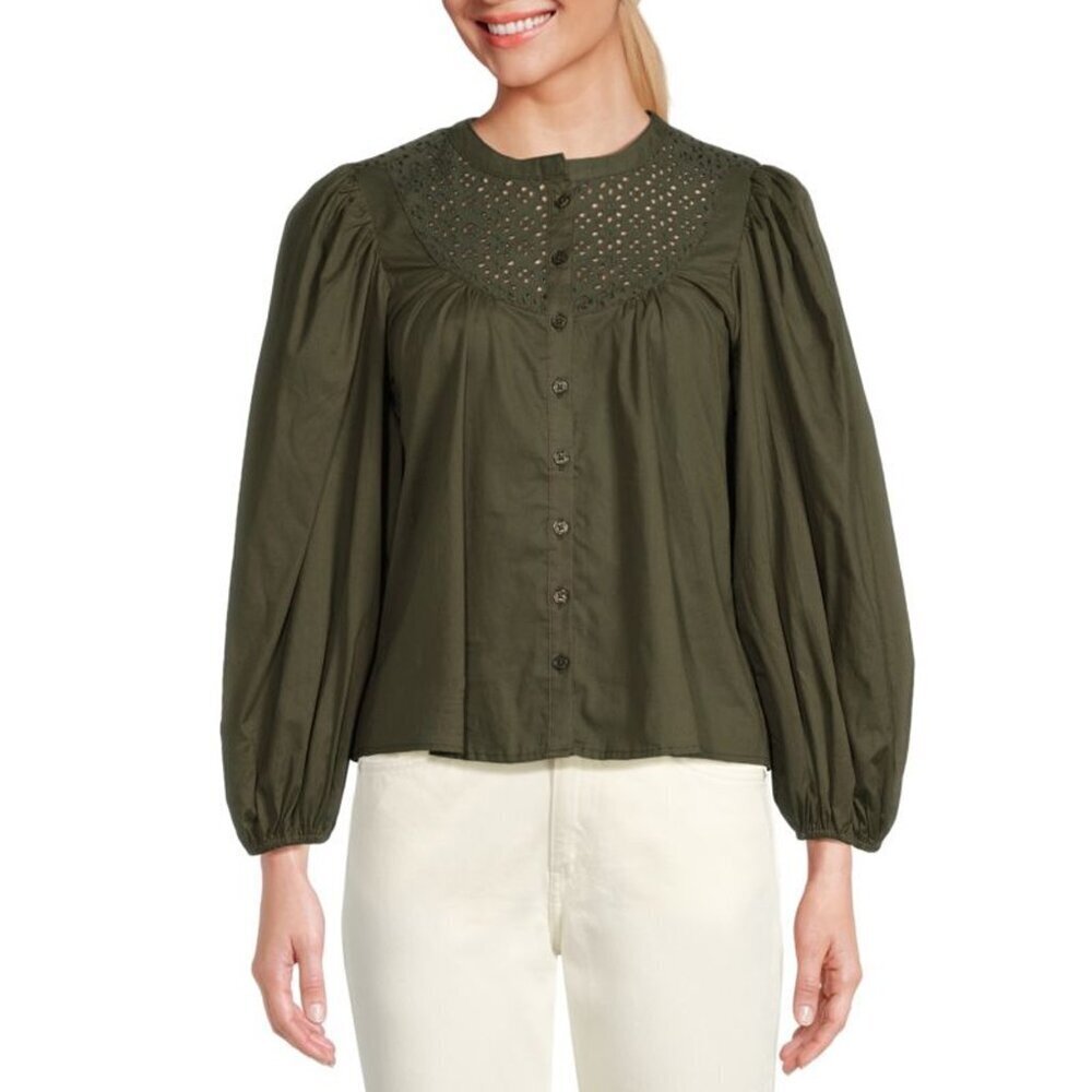 NWT New $248 Joe's Jeans Puff Sleeve Eyelet Forest Night Cotton Top Size XL